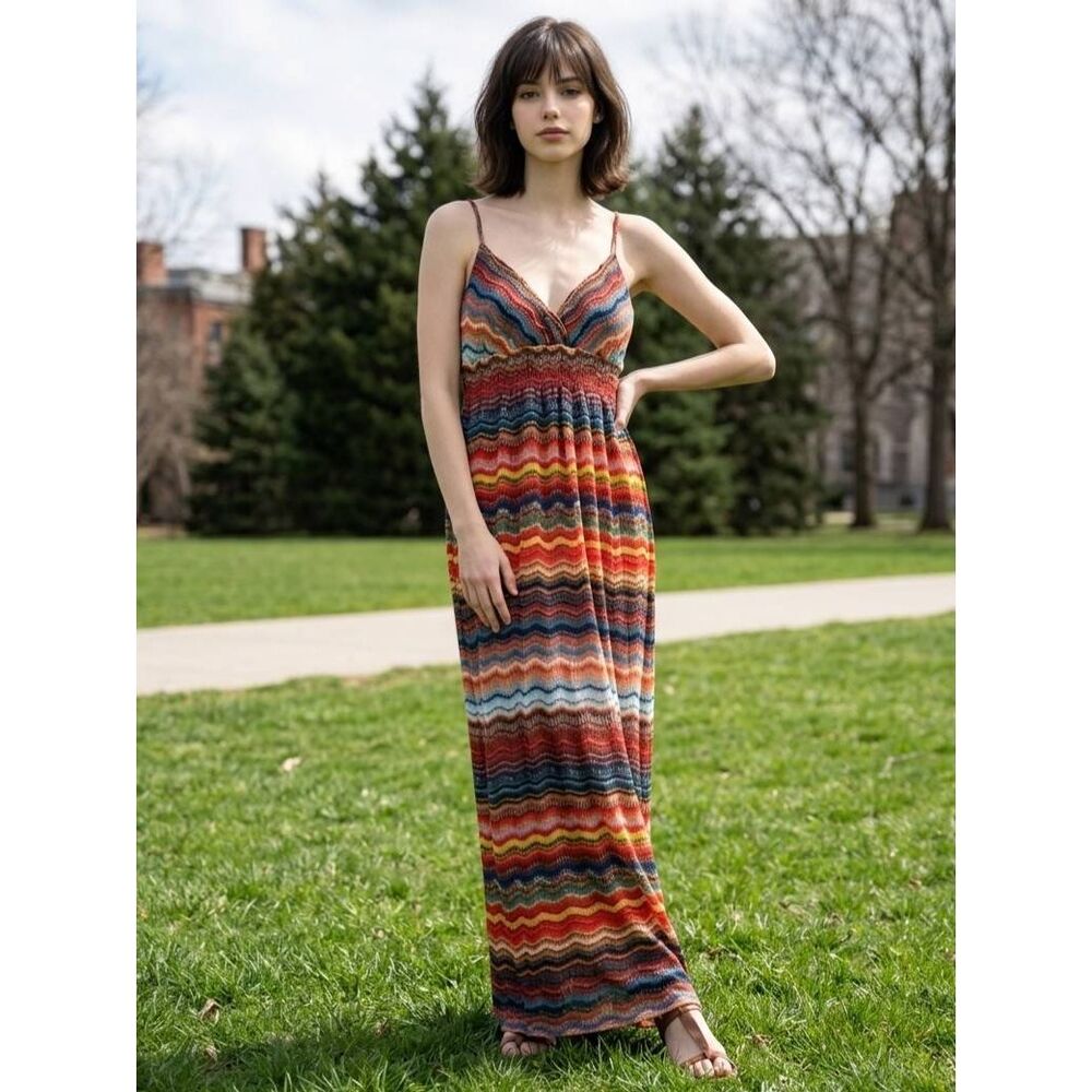 🐞She's Cool Autumn Colored Spaghetti Strap Sleeveless Maxi Dress Small